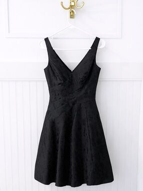 White House Black Market Black Textured V-Neck A-Line Mini Dress